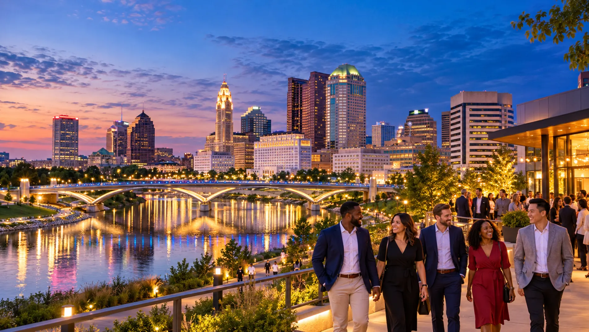 Columbus skyline and the lit Rich Street Bridge over the Scioto River at blue hour